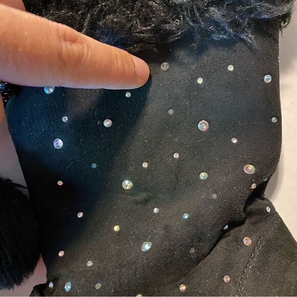 Piper black tall Rachelle Girls Wedge Boots faux suede fur  rhinestone pop pom 2 - Picture 3 of 9